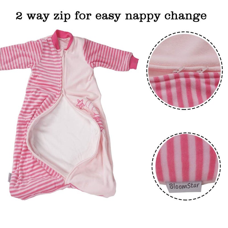 BloomSTAR Baby Sleep Sack - Long Sleeve Cotton Velvet Wearable Blanket for Girl and Toddlers, Pink, 2-Way Zipper, Swaddle Feel, Tog 2.0, Newborn, 9-12 Months, and 12-18 Months, 4 Season Use, Soft,Cozy - Image 4